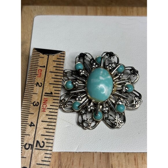 Vintage Silver Filigree Floral Brooch With Turquoise Cabochons - Picture 4 of 7